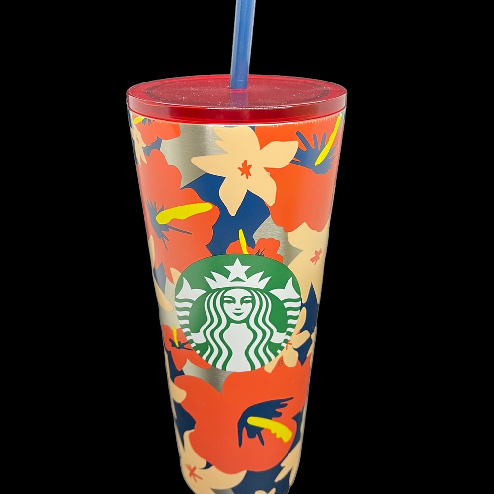 Starbucks Stainless Steel Hibiscus Tumbler 24 OZ Plastic Lid